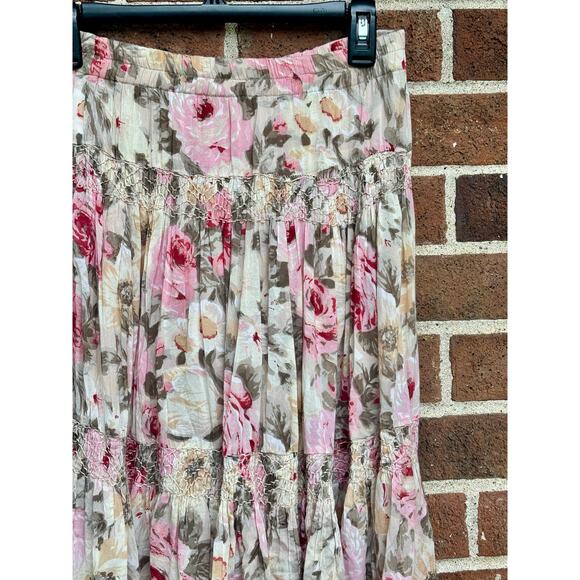 Vintage 1980s Pink Brown Floral Print Skirt Passports of Pier 1 Imports Florals - Picture 3 of 12